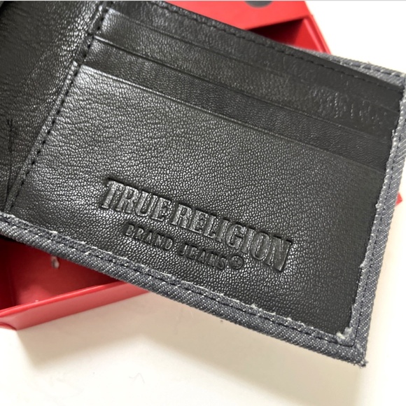 NWT True Religion Reece Denim Leather L-fold Wallet Black Gray Stitch Logo Boxed - Picture 7 of 8